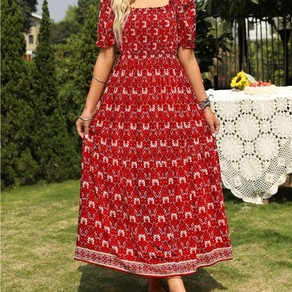 ZESICA Women's 2023 Summer Boho Floral Print Square Neck Ruffle Maxi Dress Sz(L) - Picture 9 of 10